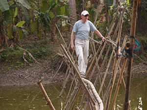 Walking through a bamboo footbridge